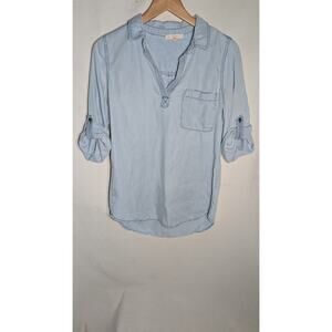 Skies Are Blue Anthropologie Wmns Blue Chambray Tab Sleeve top Sz S Boho Beach